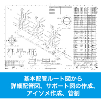 基本配管ルート図から詳細配管図、サポート図の作成、アイソメ作成、管割